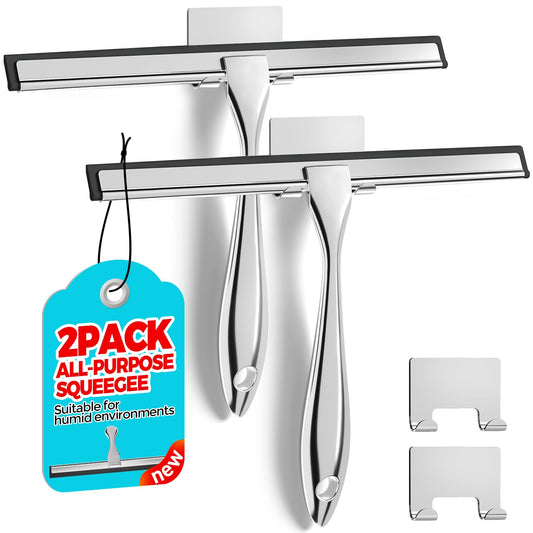 2PACK All-Purpose Shower Squeegee for Shower Doors, Tile Shower Walls, Bathroom, Window, Glass and Car Windshield, Mirrors and Kitchen-Stainless Steel, 10 Inches, Silver